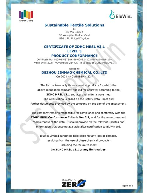 ZDHC MRSL V3.1 Level 3 certification statement page 6